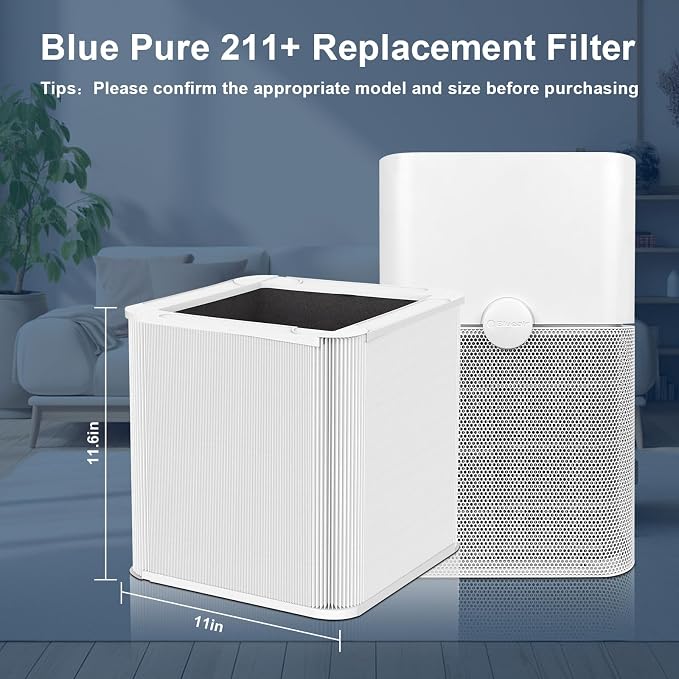 2 Pack 211+ Replacement Filter, Compatible with Blue Pure 211+ Auto Air Cleaner Purifier, 2 Stage Filtration System of H13 True and Activated Carbon Filter, for bedrooms, living rooms, and offices