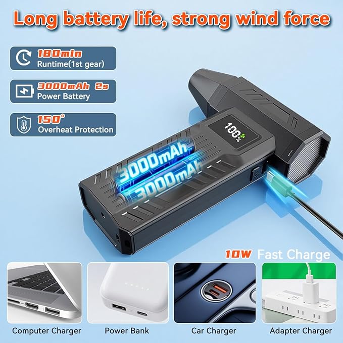 Compressed Air Duster,100000RPM Electric Air Duster with LED Display & 6 Speeds,280g Blowing Force Cordless Air Blower for Computer, Keyboard & Car, Multi-Nozzle Rechargeable Dust Remover (Black)