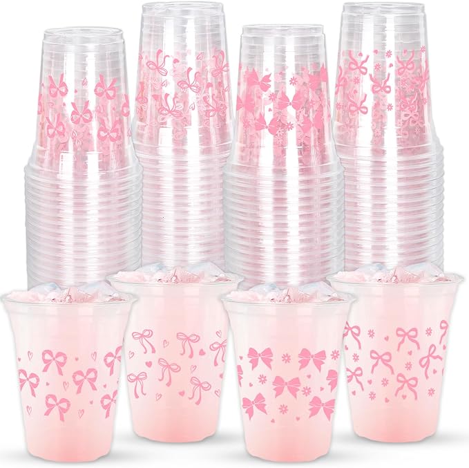 FYSUIMU 100Pcs Pink Bow Disposable Plastic Cups 12Oz Lovely Ribbon Bow Cold Beverage Drinking Cup for Wedding Birthday Bridal Shower Bachelorette Party Supplies