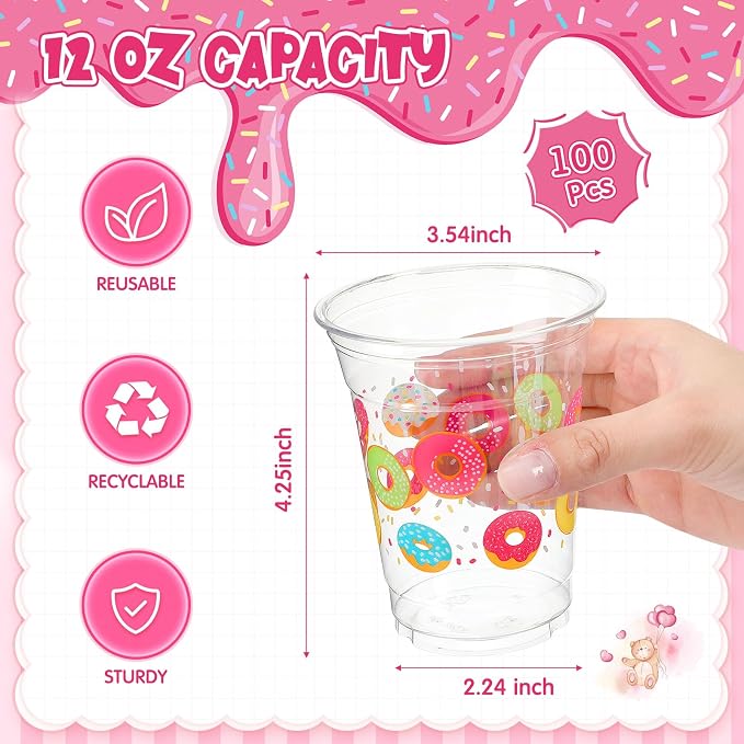 Willinglong 100 Pcs Donut Cups 12 oz Plastic Disposable Clear Doughnut Drink Cups for Donut Grow up Sweet One Birthday Party Decoration Baby Shower Summer Holiday Supplies