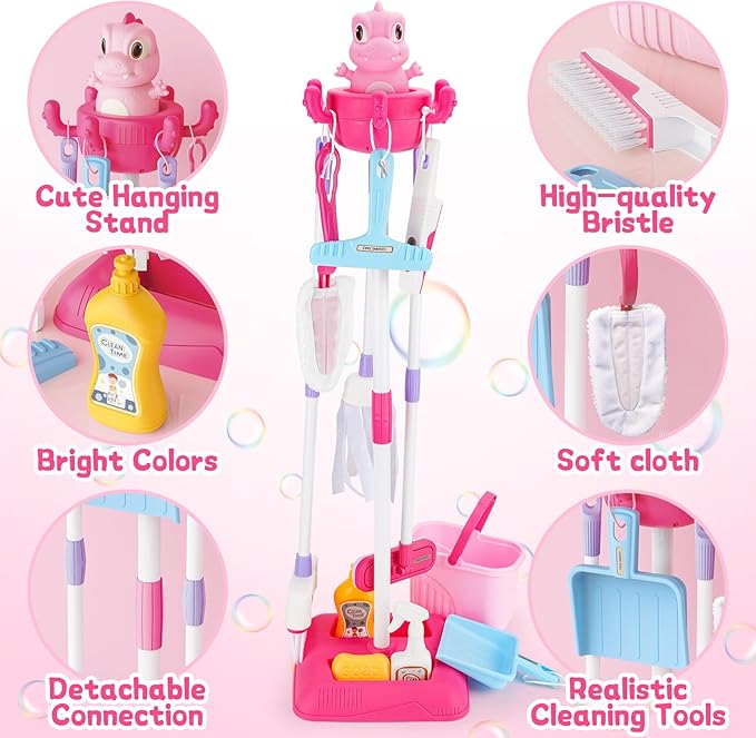 deAO Kids Cleaning Toy Set Toddlers Cleaning Set Housekeeping Pretend Play Toy Cleaning Set Kids Broom and Mop Set for Ages 3+ Christmas Birthday Toys for Girls Boys