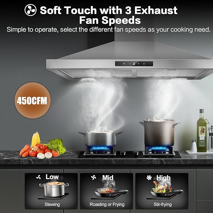 Range Hood 30 inch Stainless Steel, Wall Mount kitchen Hood Ducted/Ductless Convertible, Vent Hood w/ 3 Speeds, Touch Control, 5-Layer Mesh Filters, Energy-Saving LED Lights