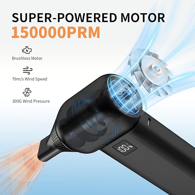 Electric Air Duster 8000mAh LED Display Turbo Blower | Compressed Air Duster Alternative. 150000RPM Brushless Motor, 5-in-1 Kit for PC, Keyboard, Car, Outdoor