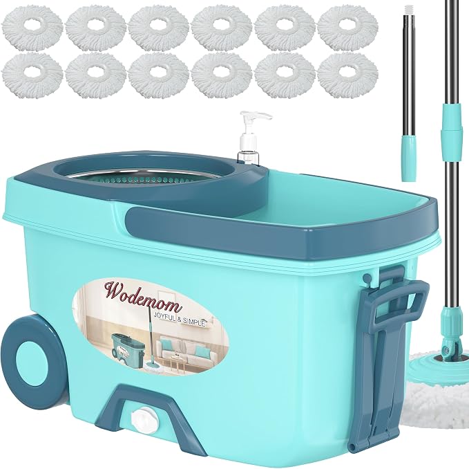 Spin Mop and Bucket with 12Pcs Mop Heads(Light Green)