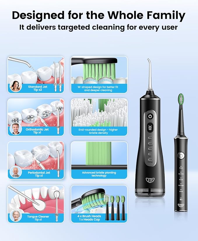 JTF Electric Toothbrush with Water Flosser Combo: 2-in-1 Portable Oral Clean Kit for Effective Yet Gentle Brushing & Flossing, Multiple Modes for Braces & Sensitive Gums Care, Cordless for Home Travel