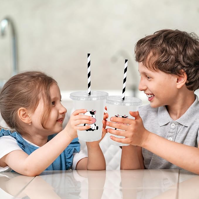 Whaline 50 Pcs Cow Disposable Plastic Cups with Lids and Straws 12 Oz Cute Farm Themed Cold Beverage Drinking Cups for Baby Shower Birthday Party Supplies