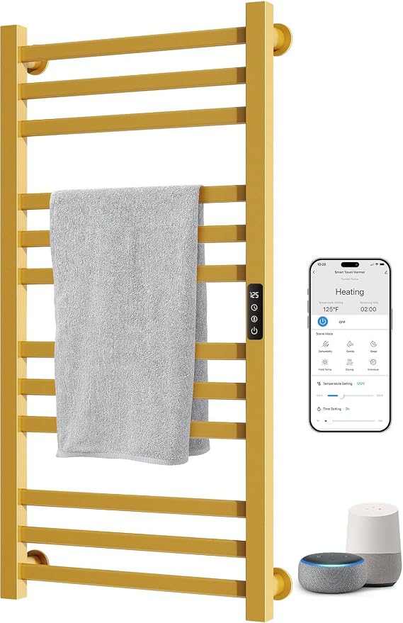 ENZE Smart Heated Towel Rack, 12-Bar Wall-Mounted Electric Towel Warmer 320W, Wi-Fi App Control & LED Touch Screen, Adjustable Temperature & 24H Timer, IPX5, Plug-in/Hardwired, Gold, Low Carbon Steel