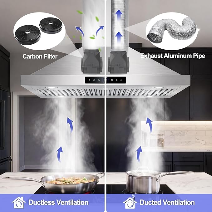 36 inch Island Range Hood Ceiling Mount 1200 CFM with 4-Speed Gesture Sensing & Touch Control, Ducted/Ductless Stainless Steel Kitchen Stove Vent Hoods with 4 LED Lights, Timer,Dishwasher-Safe Filters