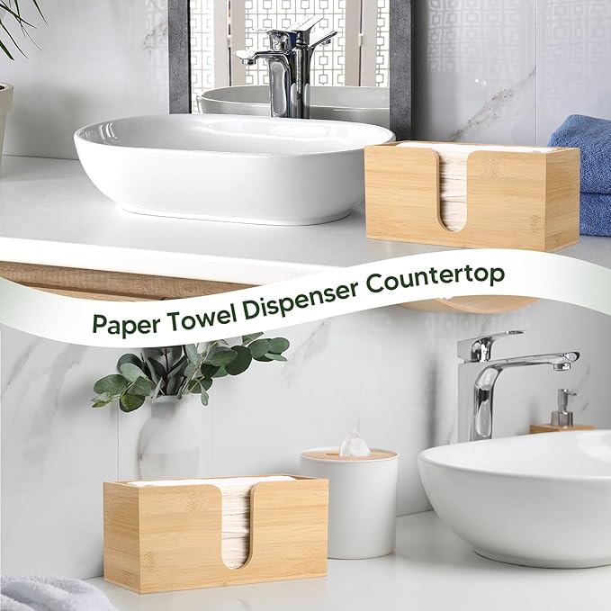 2Pack Bamboo Countertop Paper Towel Dispenser, Folded Paper Towel Dispenser Clear Trifold Napkin Holder, Suitable for Z-fold, C-fold or MultiFold Trifold Paper Towels for Bathroom Toilet and Kitchen