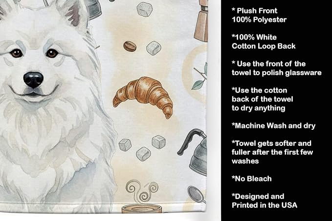 Caroline's Treasures White Samoyed Coffee Bar Kitchen Towel Velour Plush Front and Cotton Loop Back Machine Washable