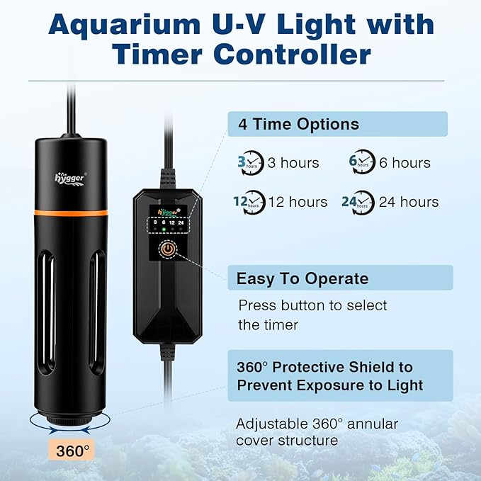 hygger 7W Aquarium U-V Light with Timer, 360° Protective Shield Clean Lamp for Green Water & Algae, Amphibian Small U-V Light for 30-130 Gal Freshwater & Saltwater Fish Tanks