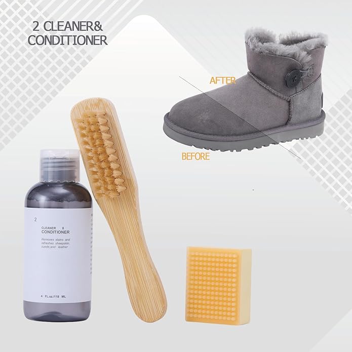 Shoe Care Kit with Restore Spray, Guard Spray, Cleaner, Brush and Eraser, 4 Fl Oz Bottles for Sheepskin Suede Boots Canvas Slippers