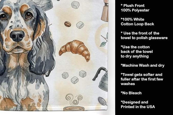Caroline's Treasures Blue Roan & Tan English Cocker Spaniel Coffee Bar Kitchen Towel Velour Plush Front and Cotton Loop Back Machine Washable