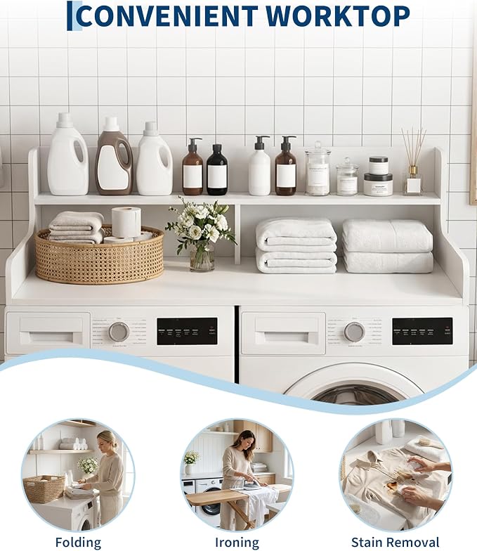 Takywep 2 Tiers Washer Dryer Countertop, 54" x 27.5" Washer Dryer Topper with Edge, Washer and Dryer Laundry Topper with Anti-Slip Pads & Anti-Vibration Mat, White