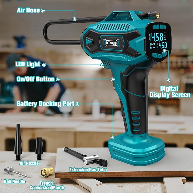 DIYtoolifz Cordless Tire Inflator Air Compressor Compatible with Makita 18V Battery, 160PSI Portable Air Pump with Digital Pressure Gauge, Fast Inflation for Cars, Motorcycles, Bikes (Tool Only)