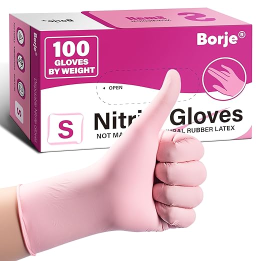 Borje Nitrile Disposable Gloves, Latex & Powder-Free, Food Safe, Cleaning, Esthetician, Cooking, Pink, Small, 100 Count
