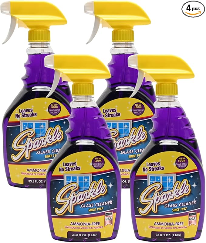 Sparkle Glass Cleaner, Ammonia-Free Streak-Free Formula, 33.8 fl oz Spray Bottle, Safe for Windows, Mirrors & Glass Surfaces (Pack of 4)