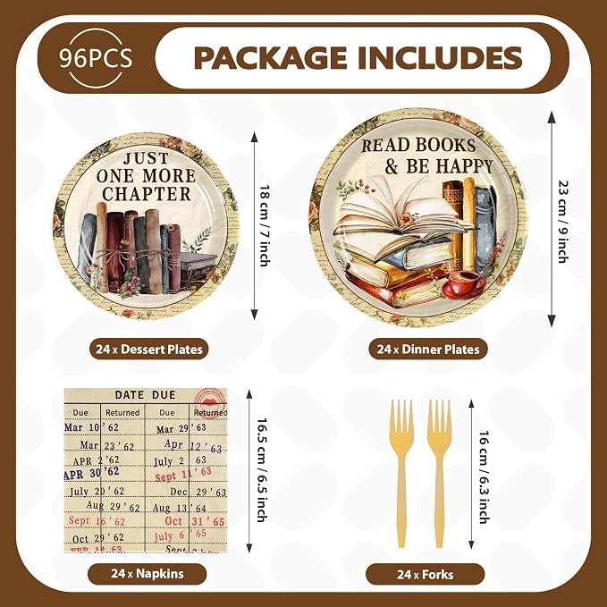 Greencian 112Pcs Vintage Book Party Decorations, Retro Library Reading Themed Disposable Plates Napkins Forks and Gift Bags Set, Book Club Tableware Supplies for Birthday Party Serves 24