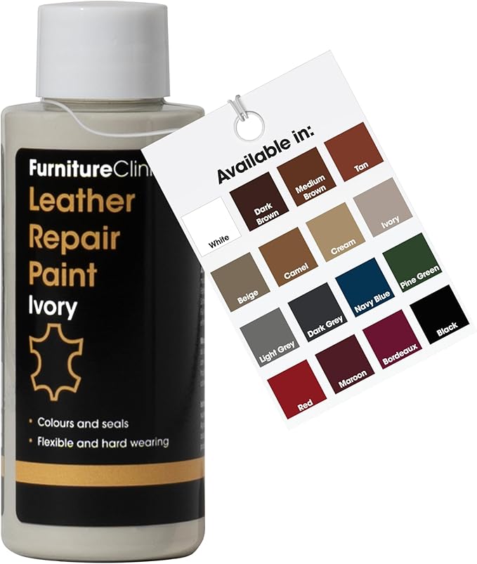 Furniture Clinic Leather Repair Paint | 2-in-1 Seal and Color | Use on Scratches, Tears, and Holes in Car Seats, Furniture | Quick and Easy Leather Repair Kit for Furniture (Ivory, 50ml / 1.7oz)