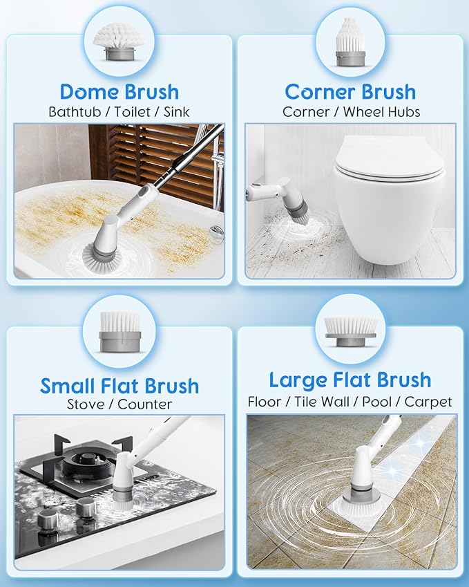 Electric Spin Scrubber with Big Display, Fast Charging Cordless Cleaning Brush with Adjustable Long Handle, 2 Speeds & 4 Replaceable Brush Heads, 1.5H Runtime Shower Scrubber for Deep Cleaning