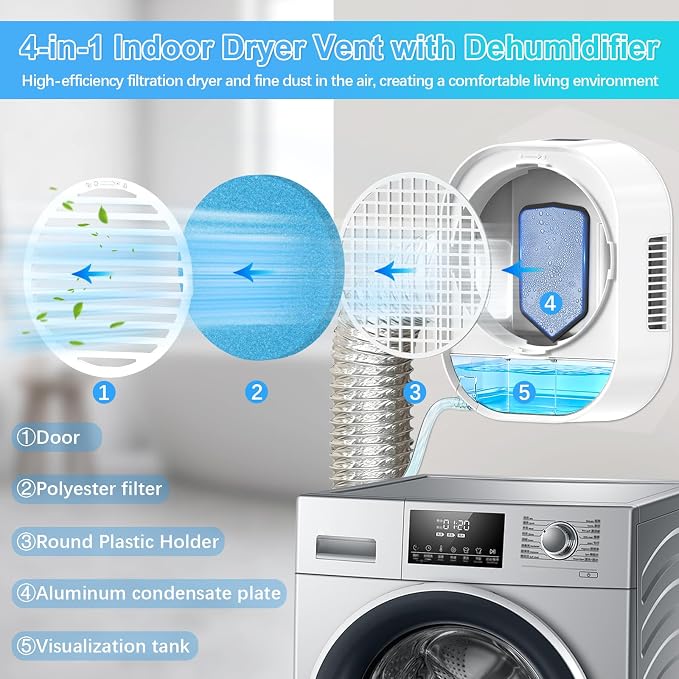 4-in-1 Indoor Dryer Vent with Dehumidifier for Protect Furniture | Dryer Vent Kit for Electric Dryers Stainless Steel Screen Filter Lint Trap Polyester Filter and Visual Water Tank