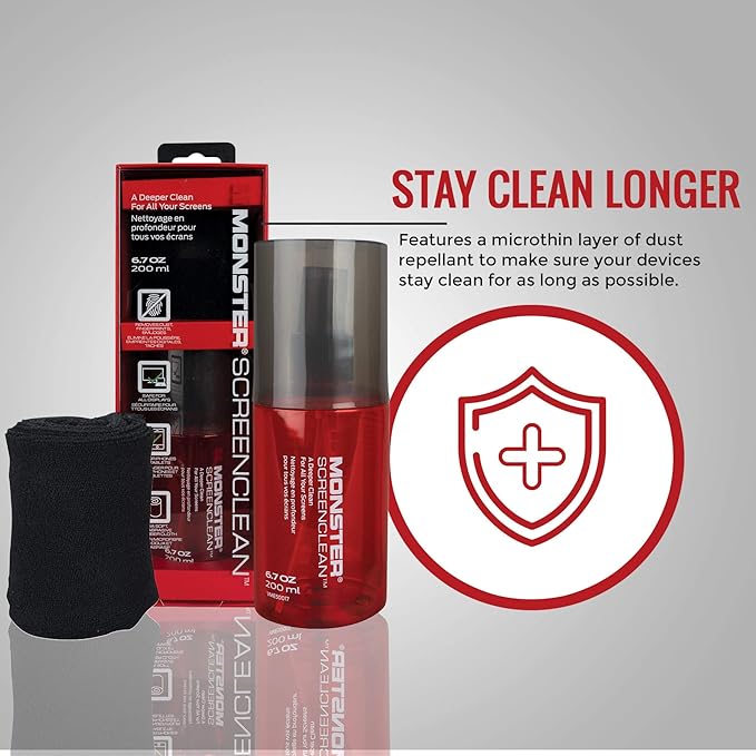 Monster Screen Cleaner Kit, 6.7 oz (200 mL), Microfiber Cloth, White/Black/Red, for HDTVs, Tablets, Laptops, Smartphones, Eyeglasses