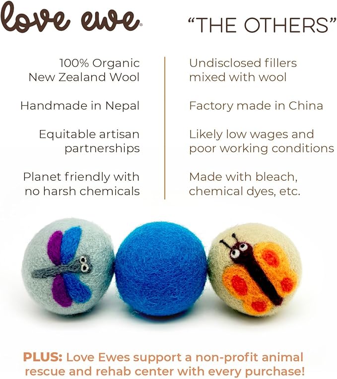 Hustle & Blush Wool Felt Balls 6 Pack Love Ewe Pet Supplies - 2 in Felted Wool Cat Toys Flower & Dragonfly, Butterfly & Bee 100% New Zealand Wools Felt Cat Toys Handmade Wools Felts Balls, Cats Felts