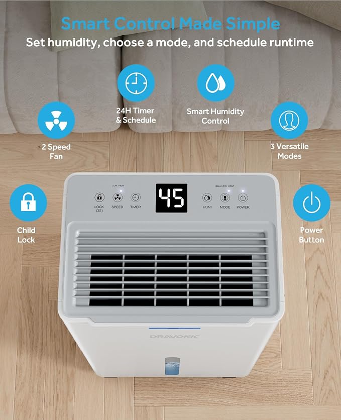 Dehumidifier for Basement & Large Room, Color Humidity Ring Light, Quiet for Home & Bedroom, Drain Hose Included, 3 Modes, Auto Humidity Control (Off-White, 1,500 Sq.Ft)