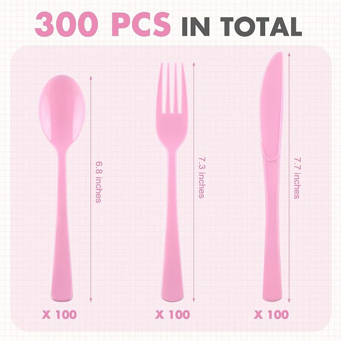 Kochorie 300 Pieces Graduation Light Pink Plastic Silverware Heavy Duty Plastic Cutlery Set Heavyweight Disposable Flatware Includes Spoons Forks Knives for Birthday Party Prom Night Wedding Dinner