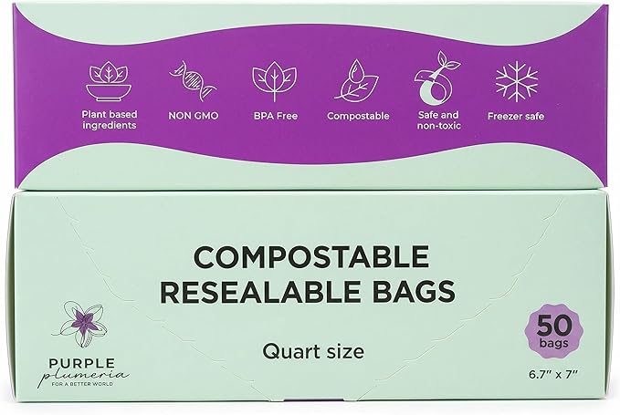 100% Compostable Resealable Food Storage Bags (50 Eco Zip), Biobased, Leak-Proof and Freezer-Safe, Extra Strong & Durable, (Quart Size) | Biobased, Leak-Proof, Durable, Freezer-Safe, Extra Strong
