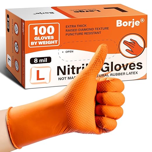 Borje Orange 8 Mil Nitrile Disposable Gloves, Heavy-Duty Mechanic Gloves, 100 Count, Large, Latex & Powder Free with Raised Diamond Texture, Industrial, Automotive, Gardening