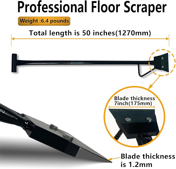 Black Color Heavy Duty Spring Steel Concrete Floor Scraper with 50" Long Length T-handle and Foot kick-Replaceable Steel Blade. (floor scraper)