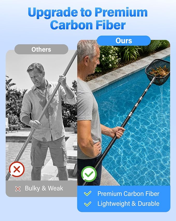 Pool Pole Carbon Fiber 16 FT, Heavy Duty Telescopic Pool Pole, Adjustable Swimming Pool Pole, Lightweight Extendable Pool Cleaning Pole for Skimmer Net, Pool Brush Vacuum, Universal 1-1/4" Accessories