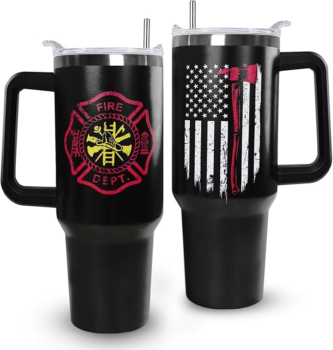 Ceovfoi Firefighter Gifts for Men,40 oz American Flag Tumbler with Handle Lid and Straw Stainless Steel Cups Mug, Firefighter Stuff Supplies Accessories