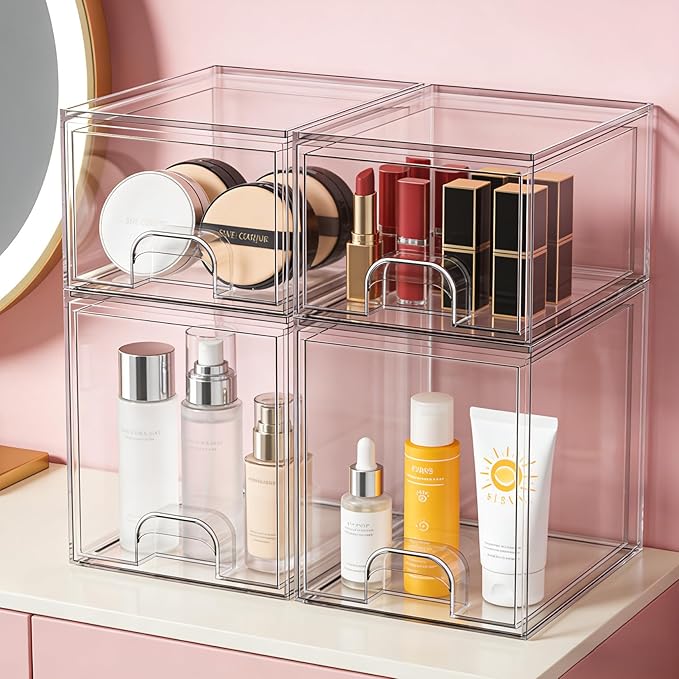 TOOGE Stackable Baby Bottle Organizer: Acrylic Bottle Organizer Baby Storage Drawers Clear Bottle Station Organization for Countertop Cabinet Vanity with 4 in 1 Cup Lid Cleaning Brush & Label - Tall