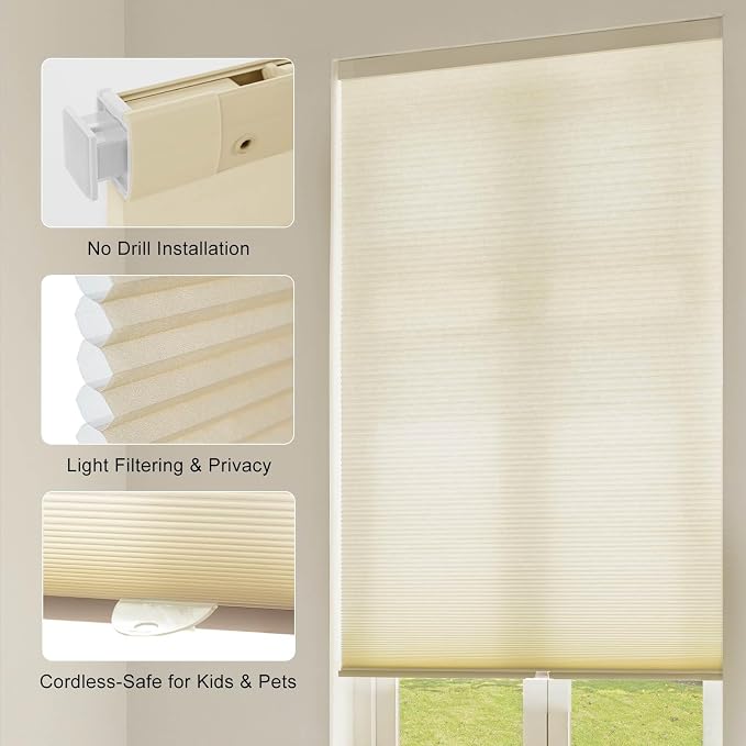 No Drill Cellular Shades, Beige Custom Size Cordless Light Filtering Pull Down Pleated Honeycomb Blind Thermal Insulated Easy Install for Indoor Window Bedroom Living Room Kitchen Door