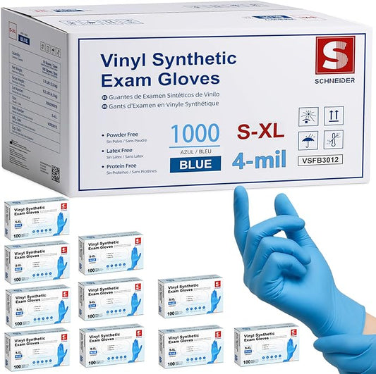 Schneider Blue Vinyl Synthetic Exam Gloves, Case of 1000, 4-mil, Powder-Free, Latex-Free, Non-Sterile, Disposable Gloves