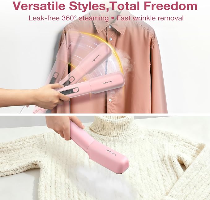 Newbealer 100-240V Clothes Steamer, 2in1 Travel Iron, 2 Steam Levels, 90ml | Portable for On-the-Go, Heats in 20s, Dry Iron No Clamp, 180° Swivel Head, 360° Leak-Proof, Auto-Off, Self-Clean, Light Pink