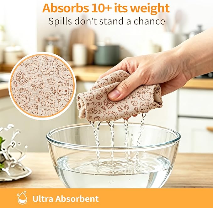 Microfiber Cleaning Cloth Roll, 50-Count, Reusable Durable Washable Absorbent Towels, Lint-Free Non-Scratch Dish Rags for Kitchen & Housekeeping, Car & Screen, Brown Cute Bear Print, 12x12 in