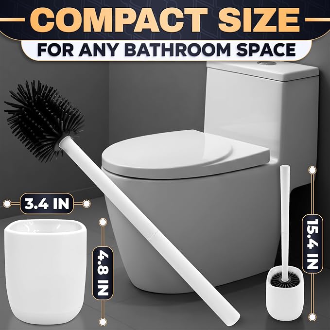 Toilet Brush and Holder Set - Silicone Toilet Bowl Brush with White Holder Base, Compact Bath Accessory for Small Spaces - Easy to Place and Simple to Store After Use, Plastic Bathroom Cleaning Tool