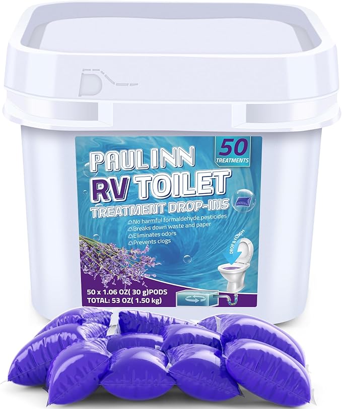 PAULINN RV Toilet Treatment Drop Ins, 50 Packs Septic Tank Treatment Pods Holding Tank Deodorizer for RV Black & Grey Water Tank Camper Marine Boat Camping, Lavender
