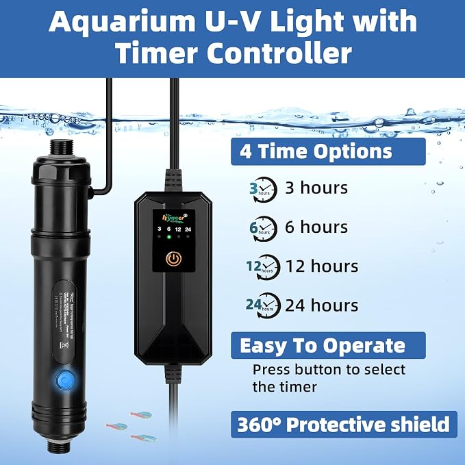 hygger 7W Aquarium U-V Light with Timer, 360° Protective Shield Clean Light for Crystal Clear Green Water, Submersible Fish Tank Cleaner for 30–70 Gallon Freshwater & Saltwater Aquariums