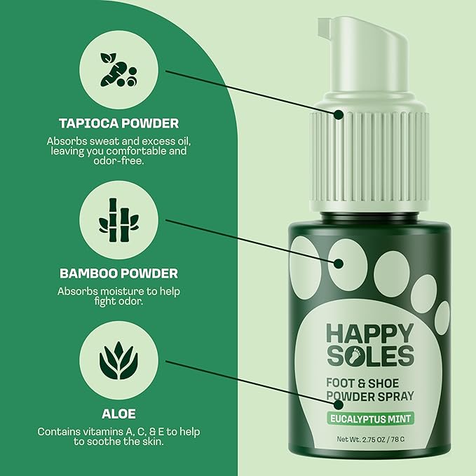 Foot & Shoe Deodorizer Powder Spray - Talc-Free, Vegan, Non-Aerosol Mess-Free Spray - Absorbs Sweat & Fights Odor with Bamboo & Tapioca - Long-Lasting Freshness & Comfort (Eucalyptus Mint)