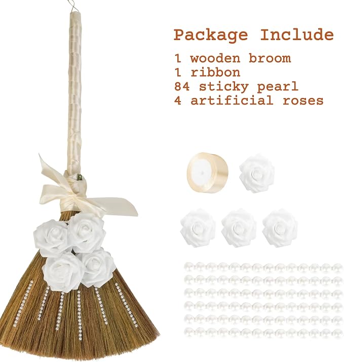 DIY Wedding Jump Broom Kit, 34" African American Jumping the Broom Ceremony Decor, Traditional Ceremonial Straw Broom with 4 White Artificial Flowers, Satin Ribbon & Pearl Stickers