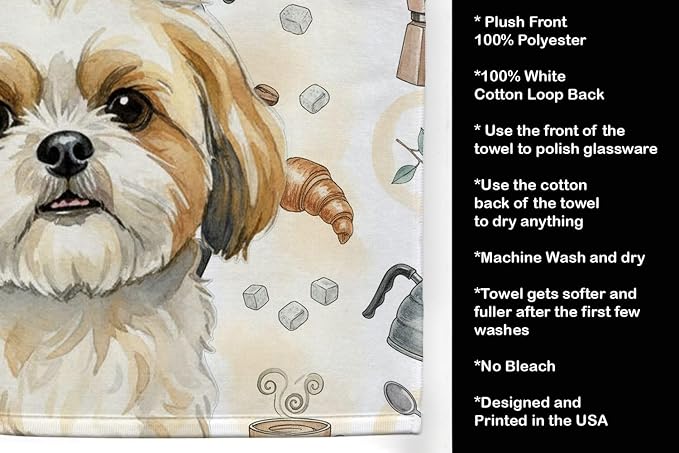 Caroline's Treasures Gold and White Shih Tzu Coffee Bar Kitchen Towel Velour Plush Front and Cotton Loop Back Machine Washable