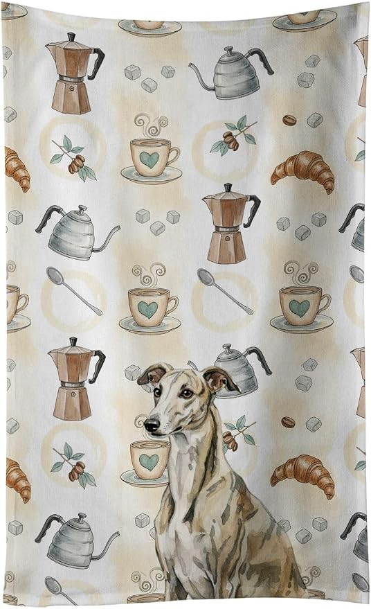 Caroline's Treasures Brindle Whippet Coffee Bar Kitchen Towel Velour Plush Front and Cotton Loop Back Machine Washable