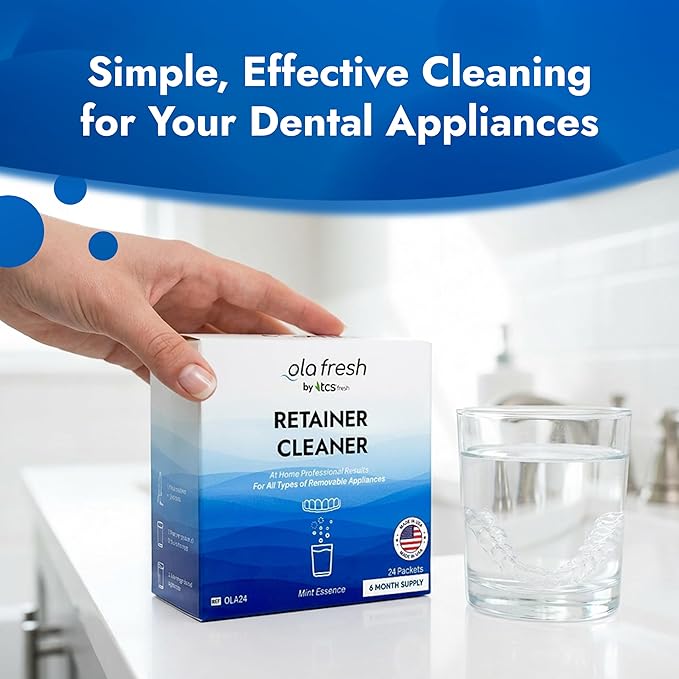 TCS Fresh Retainer Cleaner – Powder Solution for Denture, Aligner, Nightguard, Mouthguard & Retainer – Mint Essence Flavor, 24 Packets (6 Month Supply)