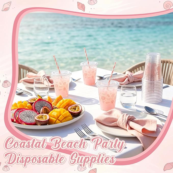 Domensi 25 Sets Seashell Themed Plastic Cups with Lids and Paper Straws 12oz Pink Ocean Disposable Drinking Cups Bulk for Cold Drinks Baby Shower Wedding Summer Theme Birthday Party Supplies
