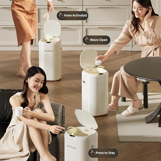 MRBIN Metal Automatic Tall Kitchen Trash Can with Lid, 18L / 4.8gal Slim Motion Sensor Waste Basket, Touchless Electric Garbage Bin for Office and Bathroom, Cream White