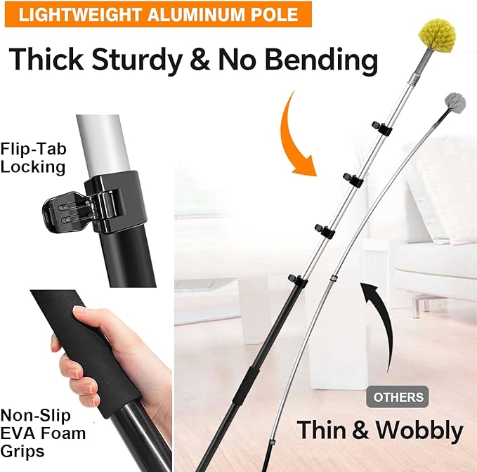 ARTIPOLY 20Ft Telescoping Extension Pole Kit, 5-in-1 High Reach Duster with Chenille Window Squeegee Microfiber Feather & Cobweb Duster for Ceiling Wall Hard-to-Reach Indoor & Outdoor Cleaning Yellow